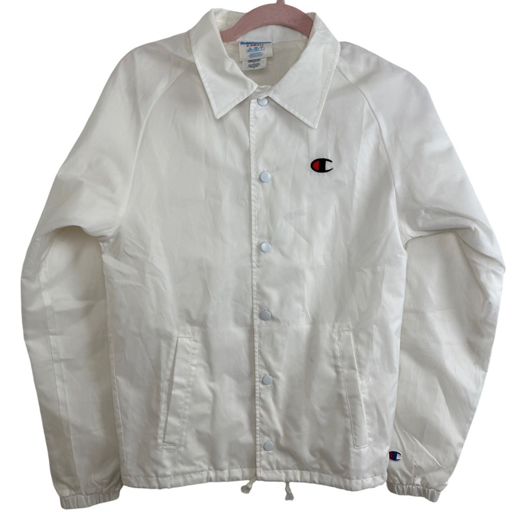 Champion Coaches Jacket White Snap Front Logo Mens XS Streetwear Windbreaker
